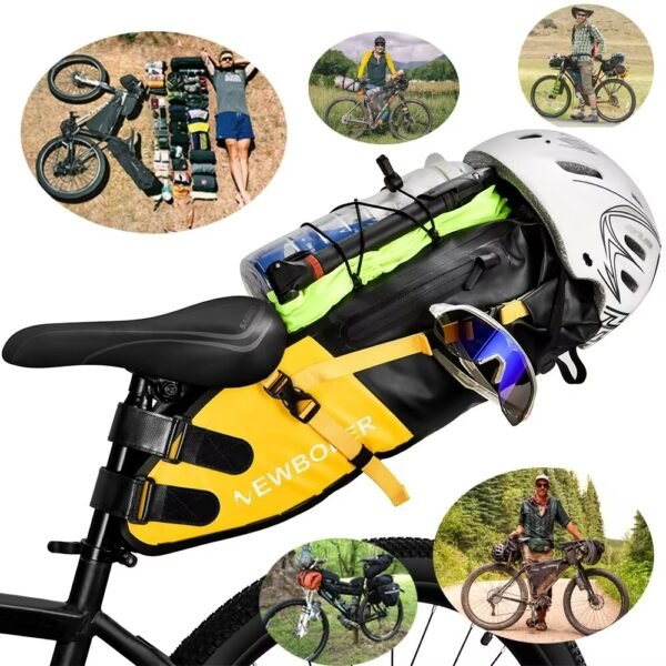 NEWBOLER 13L waterproof bicycle saddle bag with large capacity storage. Ideal for long-distance cycling, MTB, road bikes & bikepacking travel. 29 | PLANETKRON NEWBOLER Waterproof 13L Bike Saddle Tail Bag