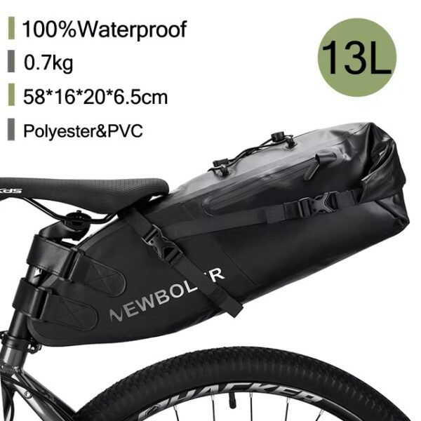 NEWBOLER 13L waterproof bicycle saddle bag with large capacity storage. Ideal for long-distance cycling, MTB, road bikes & bikepacking travel. 36 | PLANETKRON NEWBOLER Waterproof 13L Bike Saddle Tail Bag