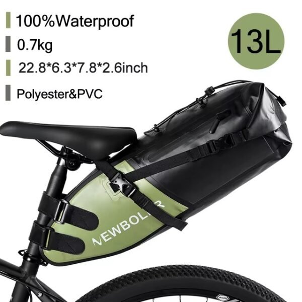 NEWBOLER 13L waterproof bicycle saddle bag with large capacity storage. Ideal for long-distance cycling, MTB, road bikes & bikepacking travel. 35 | PLANETKRON NEWBOLER Waterproof 13L Bike Saddle Tail Bag