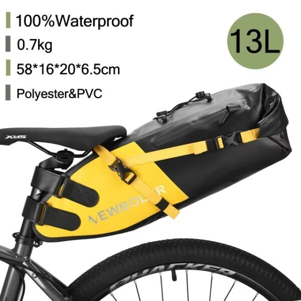 NEWBOLER 13L waterproof bicycle saddle bag with large capacity storage. Ideal for long-distance cycling, MTB, road bikes & bikepacking travel. 34 | PLANETKRON NEWBOLER Waterproof 13L Bike Saddle Tail Bag