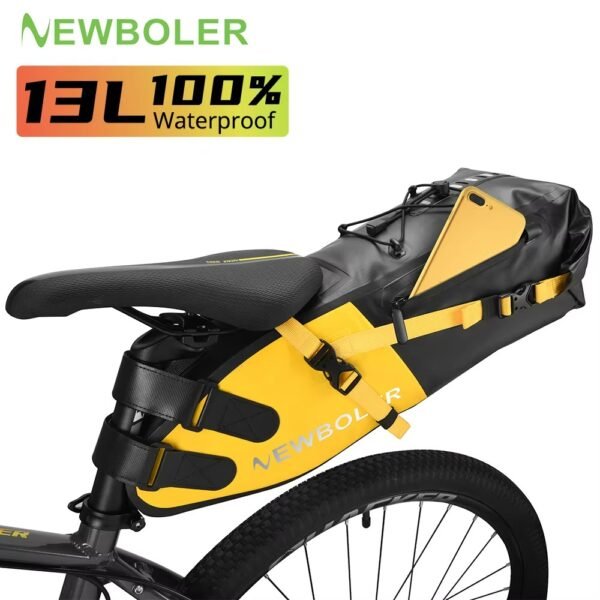 NEWBOLER 13L waterproof bicycle saddle bag with large capacity storage. Ideal for long-distance cycling, MTB, road bikes & bikepacking travel. 28 | PLANETKRON NEWBOLER Waterproof 13L Bike Saddle Tail Bag