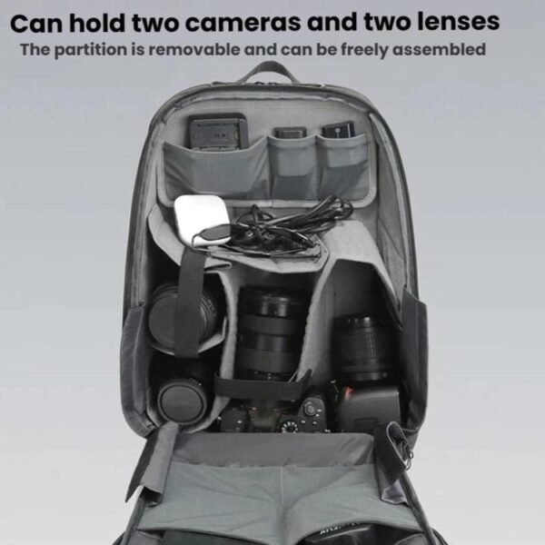 camera backpack wide opening flat lay design travel photography